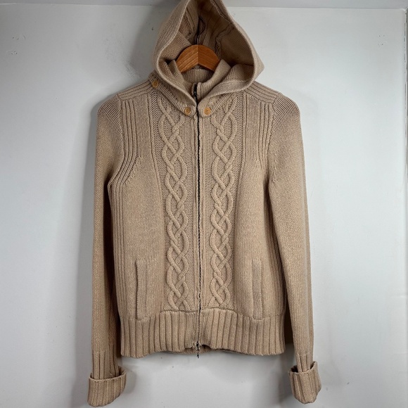 Vintage J. Crew Wool Fisherman Sweater Cardigan M Lambswool Beige Hood Full Zip - Picture 1 of 12